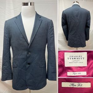 Charles Tyrwhitt Slim Fit Super 100s Wool Blue Woven 42R Blazer Jacket Coat